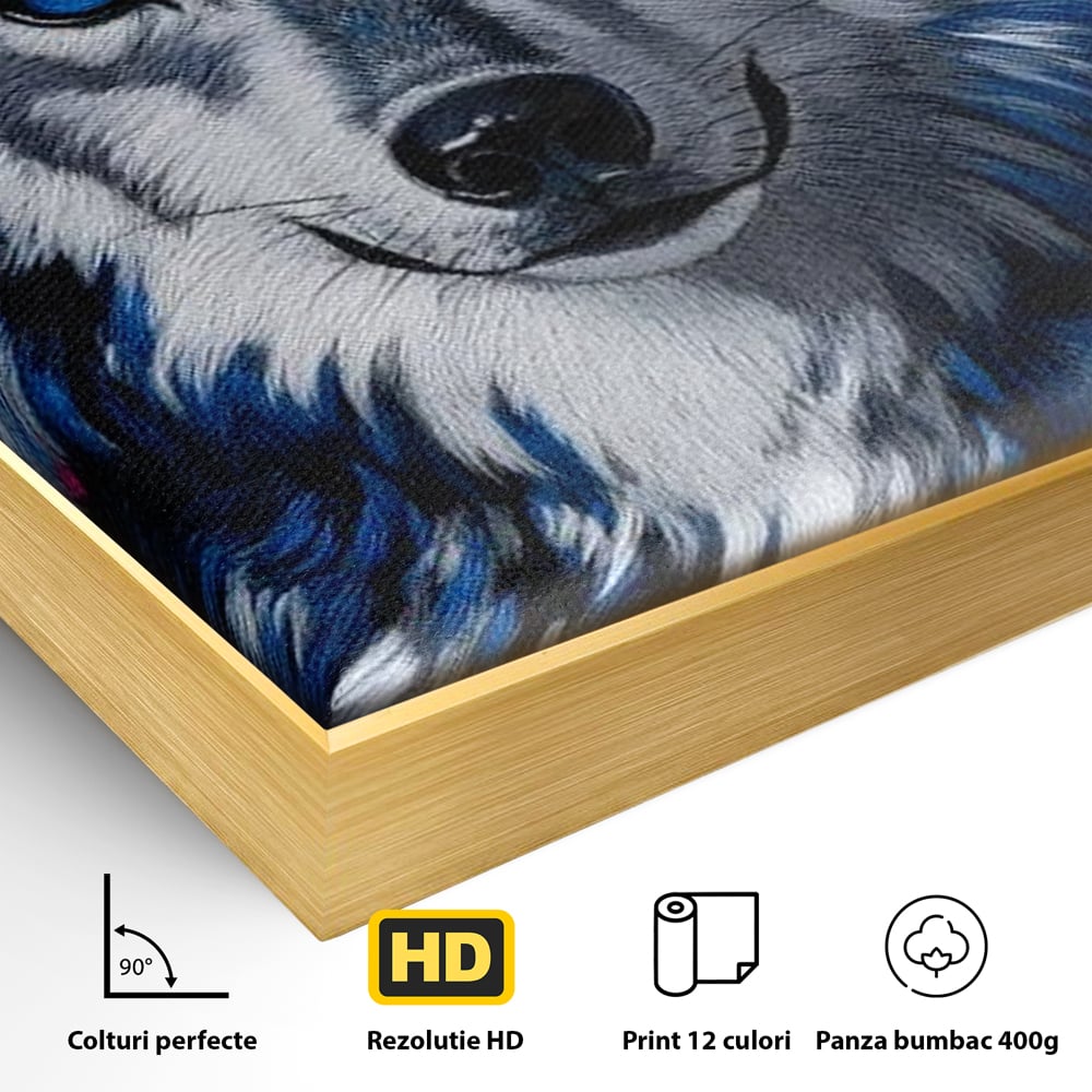 Detaliu al suprafetei: tablou canvas cu lup incoronat, in rama de aluminiu auriu