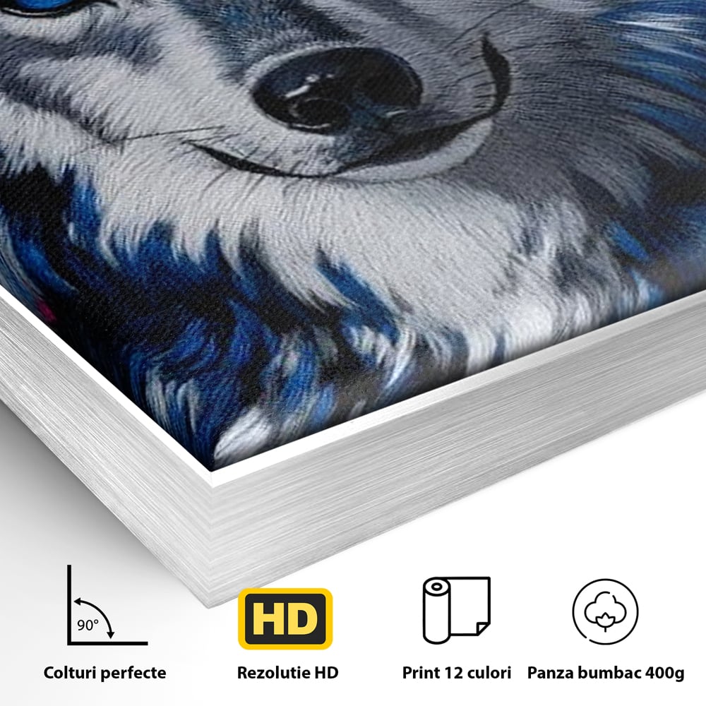 Detaliu al suprafetei: tablou canvas cu lup incoronat, in rama de aluminiu argintiu