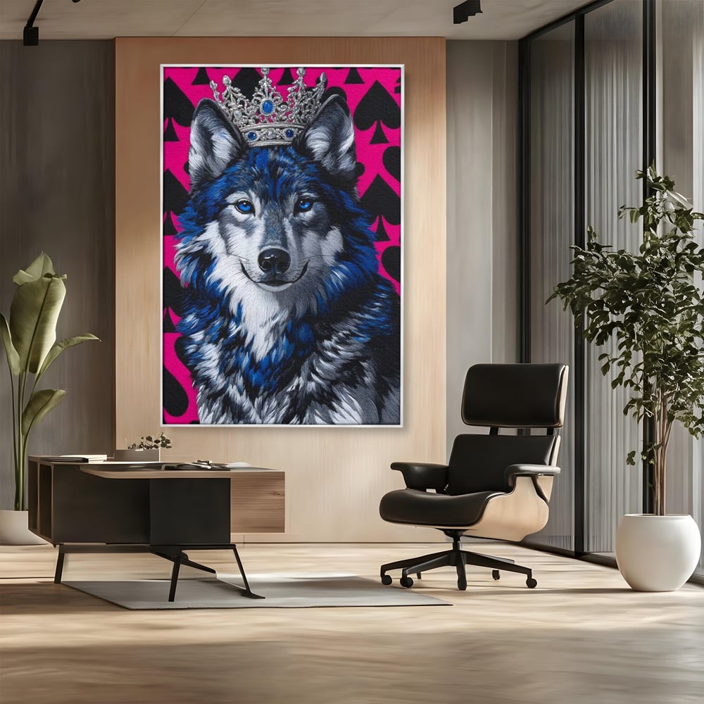 Tablou canvas cu tablou canvas cu lup incoronat, in rama de aluminiu argintiu, pe perete intr-un birou
