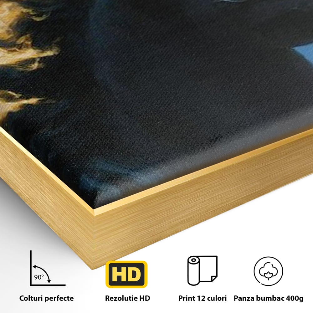 Detaliu al suprafetei: tablou canvas cu armasar in flacari, in rama de aluminiu auriu