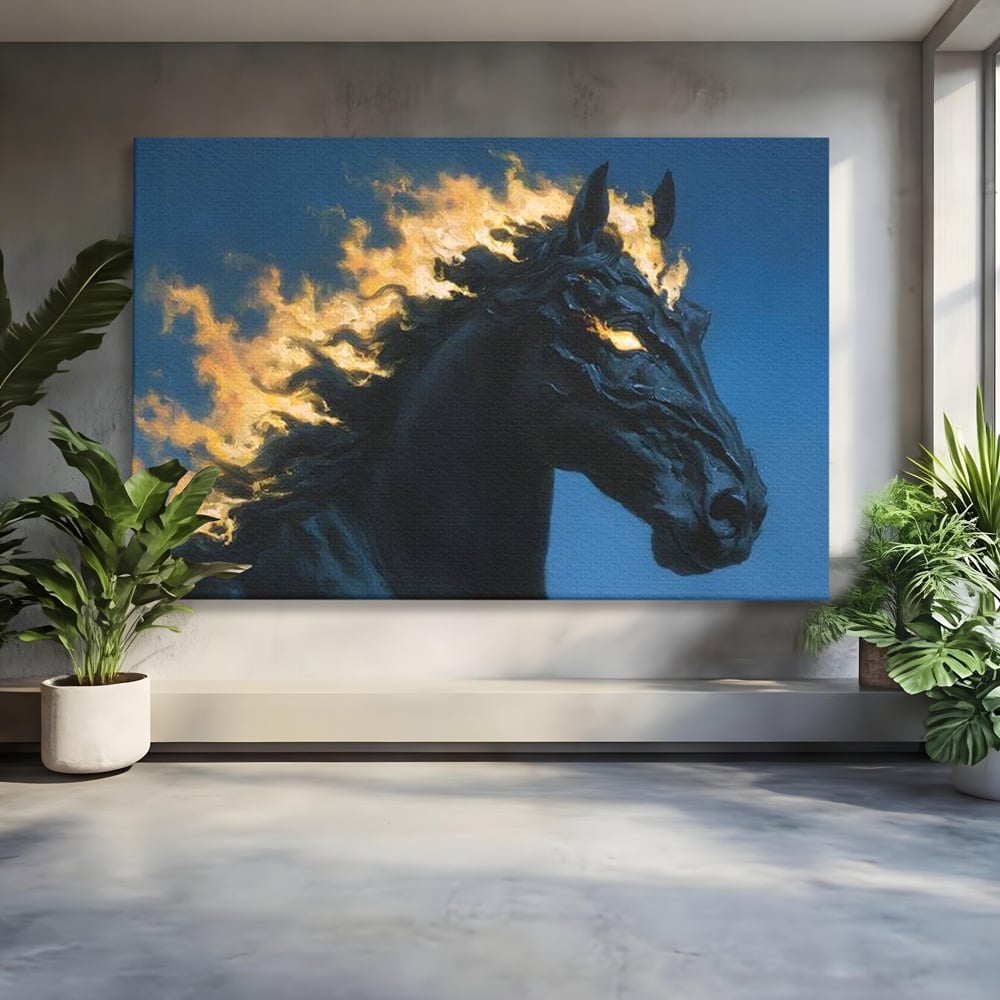 Tablou canvas cu tablou canvas cu armasar in flacari, fara rama, pe sasiu de lemn