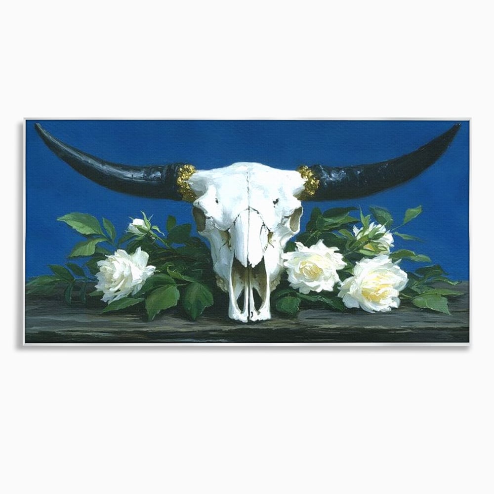 Tablou canvas cu pictura cu craniu de taur si trandafiri albi, in rama de aluminiu argintiu