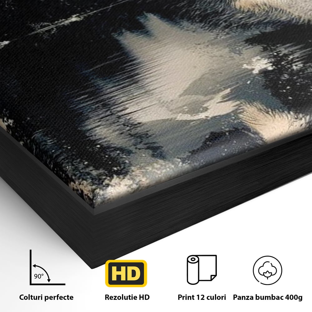 Detaliu al suprafetei: tablou canvas cu urs si peisaj montan, in rama de aluminiu negru