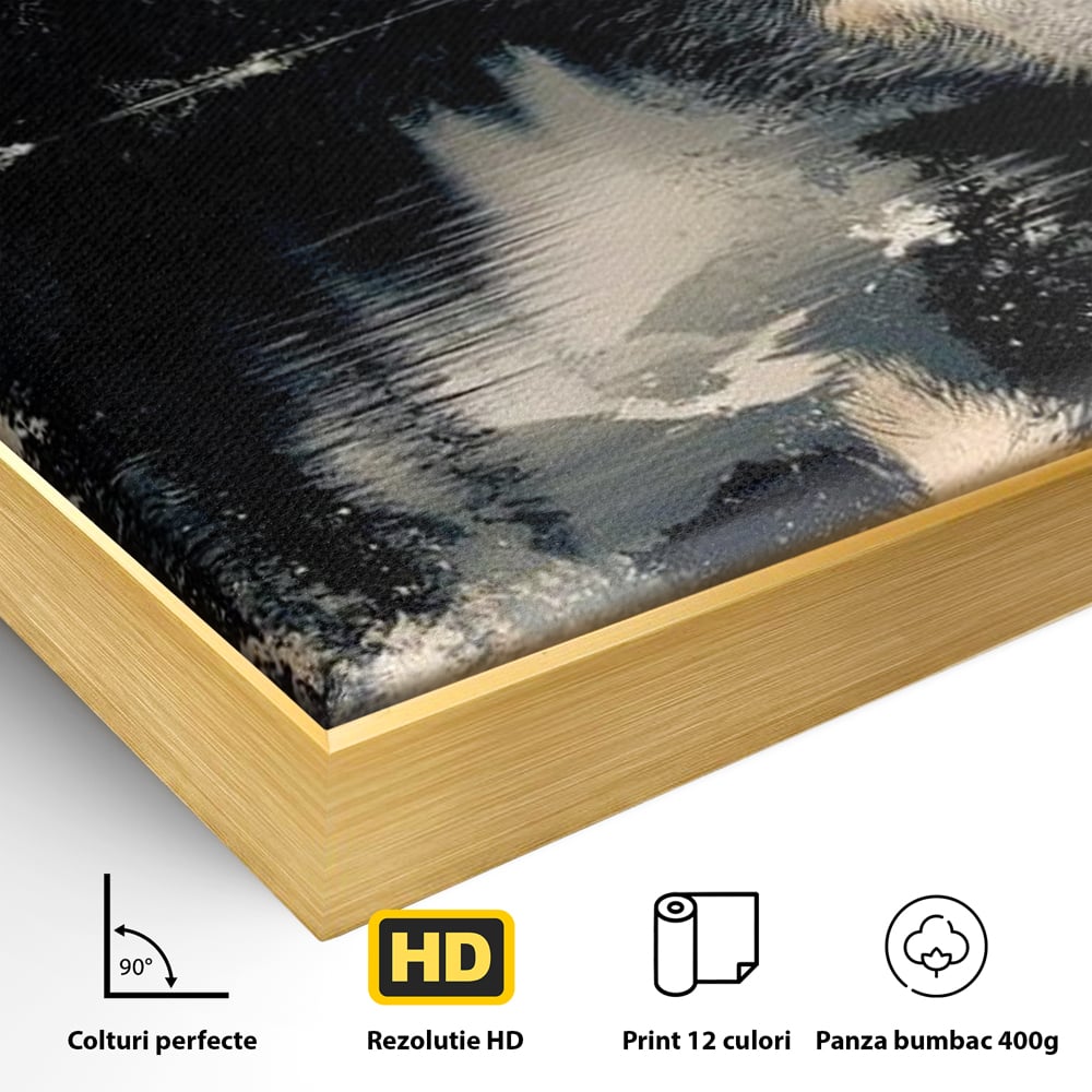 Detaliu al suprafetei: tablou canvas cu urs si peisaj montan, in rama de aluminiu auriu