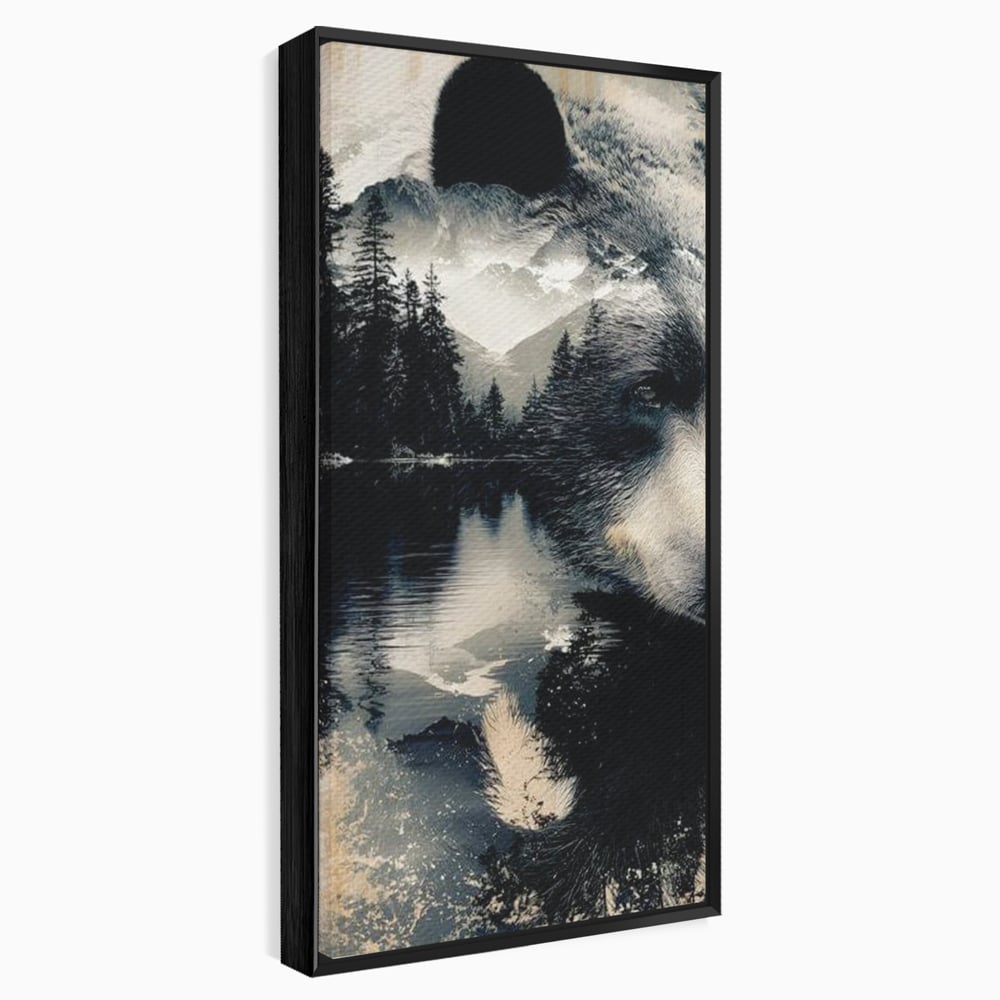Tablou canvas cu tablou canvas cu urs si peisaj montan, in rama de aluminiu negru