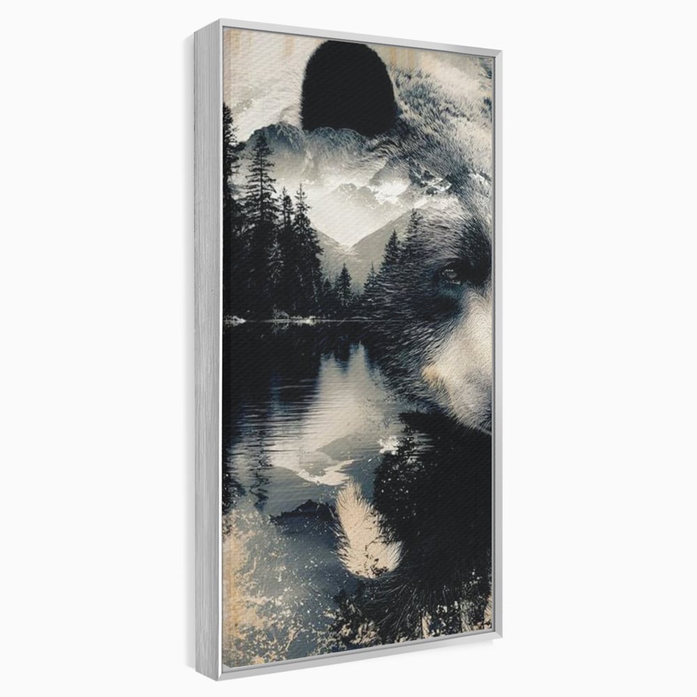 Tablou canvas cu tablou canvas cu urs si peisaj montan, in rama de aluminiu argintiu