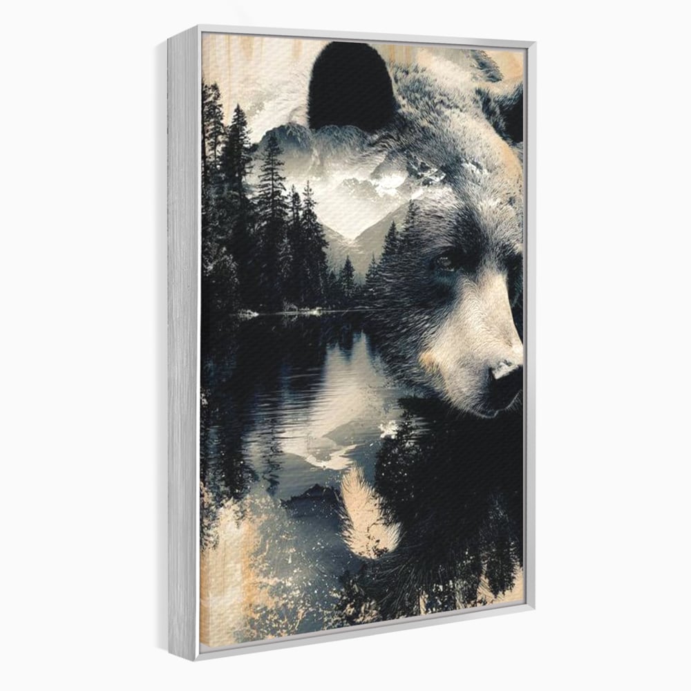 Tablou canvas cu tablou canvas cu urs si peisaj montan, in rama de aluminiu argintiu
