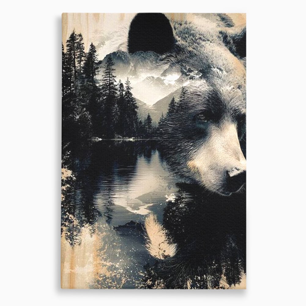 Tablou canvas cu tablou canvas cu urs si peisaj montan, fara rama, pe sasiu de lemn