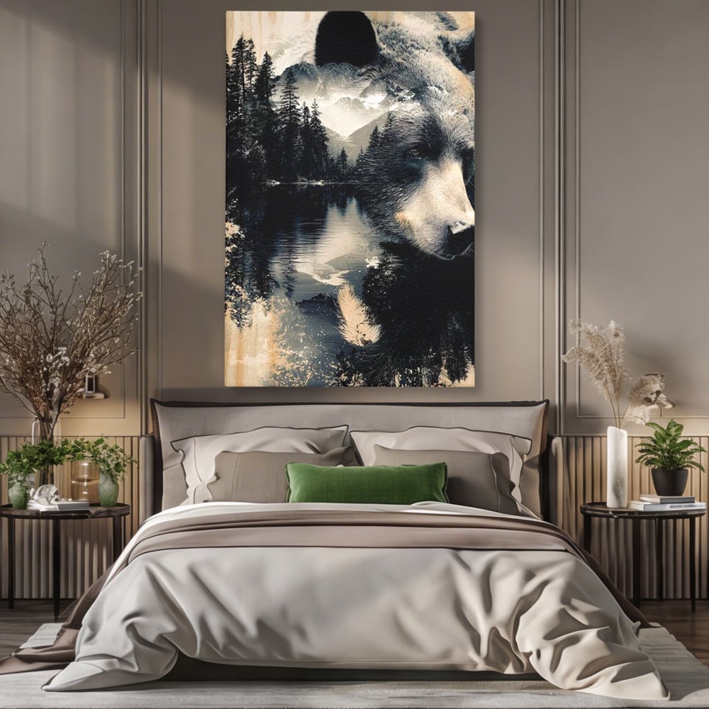 Tablou canvas cu tablou canvas cu urs si peisaj montan, fara rama, pe sasiu de lemn, pe perete intr-un dormitor