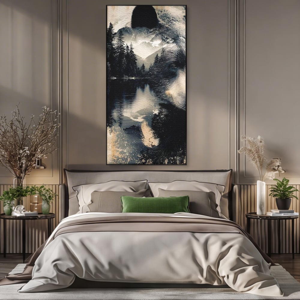 Tablou canvas cu tablou canvas cu urs si peisaj montan, in rama de aluminiu negru, pe perete intr-un dormitor