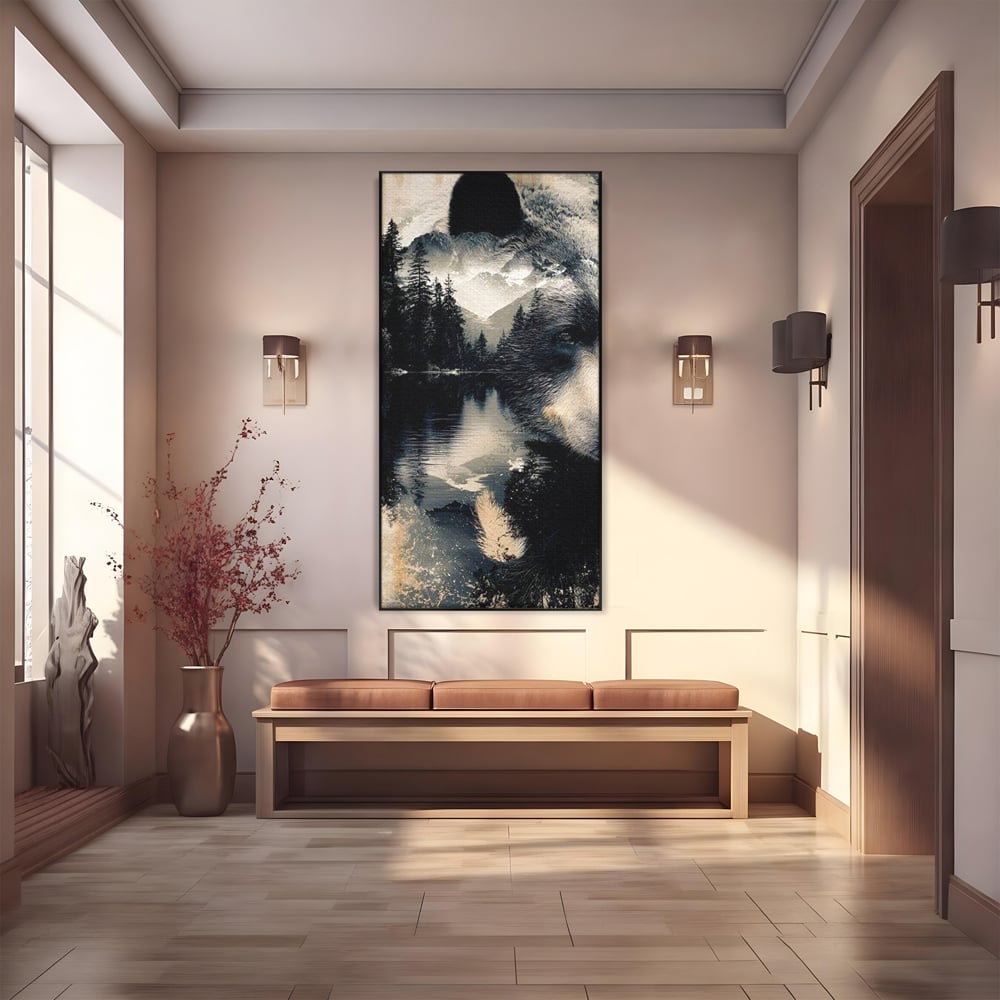 Tablou canvas cu tablou canvas cu urs si peisaj montan, in rama de aluminiu negru