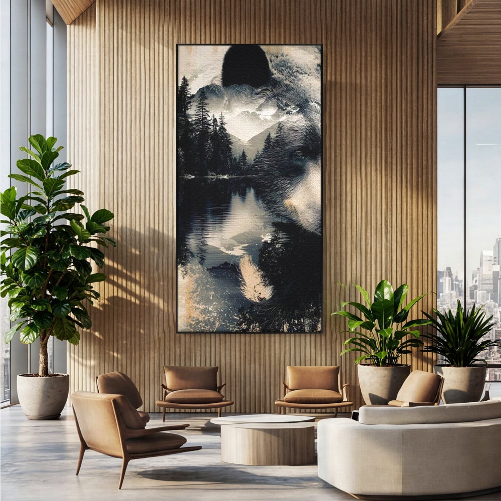 Tablou canvas cu tablou canvas cu urs si peisaj montan, in rama de aluminiu negru, pe perete intr-un birou
