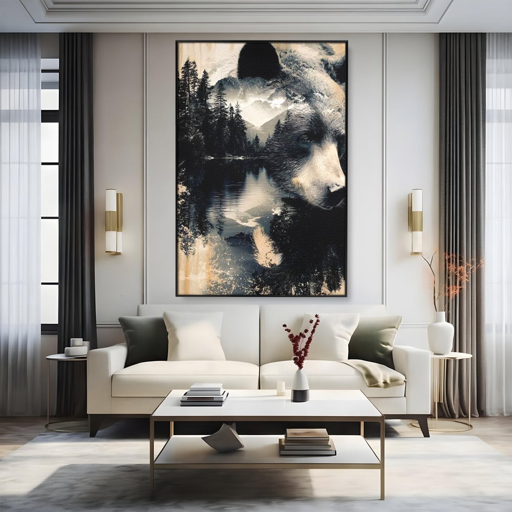 Tablou canvas cu tablou canvas cu urs si peisaj montan, in rama de aluminiu negru, pe perete intr-un living
