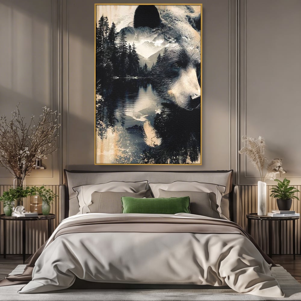 Tablou canvas cu tablou canvas cu urs si peisaj montan, in rama de aluminiu auriu, pe perete intr-un dormitor