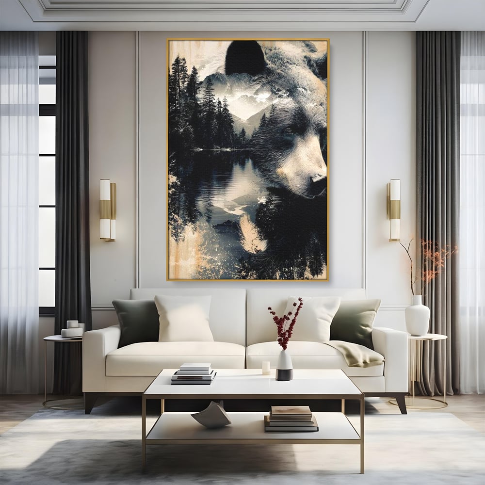 Tablou canvas cu tablou canvas cu urs si peisaj montan, in rama de aluminiu auriu, pe perete intr-un living
