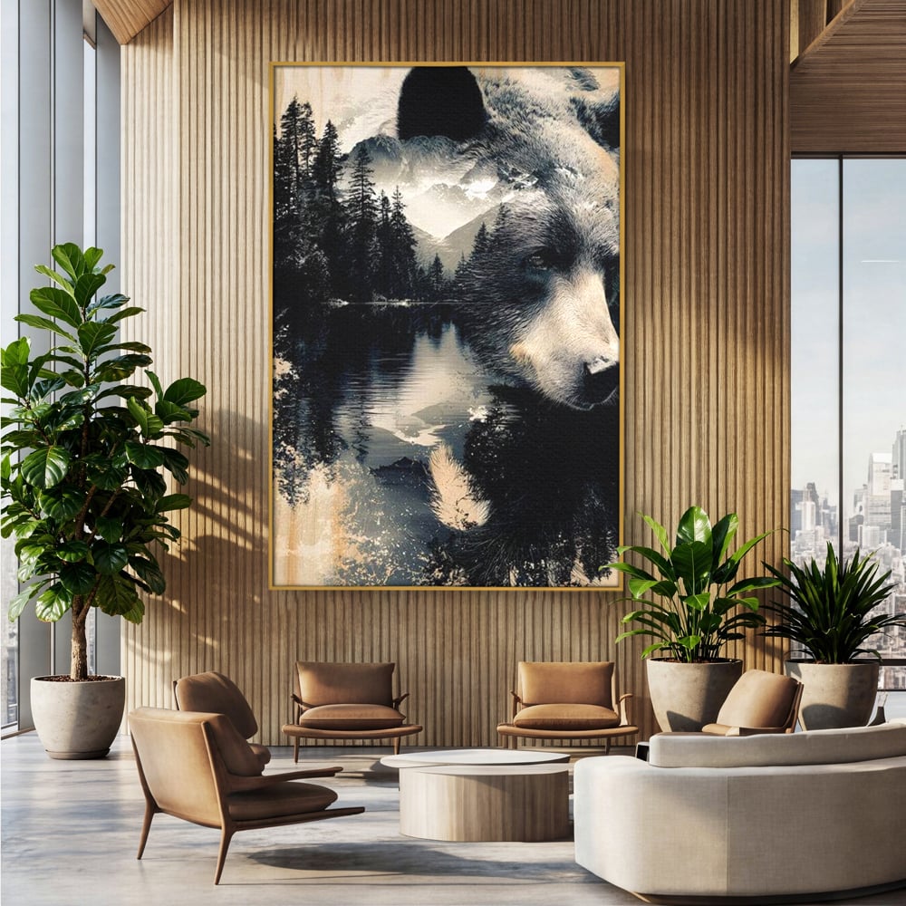 Tablou canvas cu tablou canvas cu urs si peisaj montan, in rama de aluminiu auriu, pe perete intr-un birou