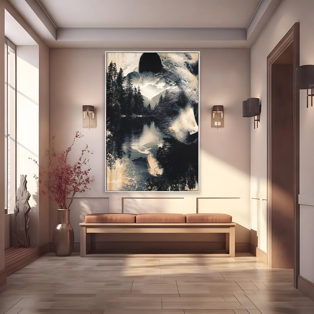 Tablou canvas cu tablou canvas cu urs si peisaj montan, in rama de aluminiu argintiu
