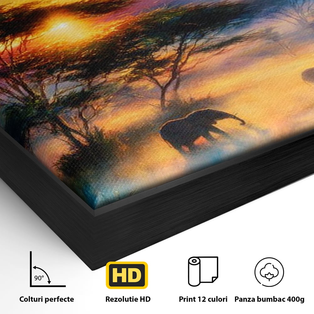 Detaliu al suprafetei: tablou canvas cu elefanti la apus, in rama de aluminiu negru