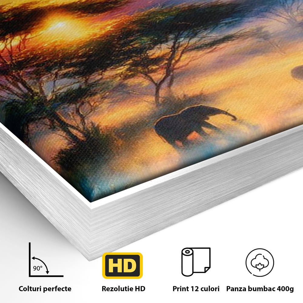 Detaliu al suprafetei: tablou canvas cu elefanti la apus, in rama de aluminiu argintiu