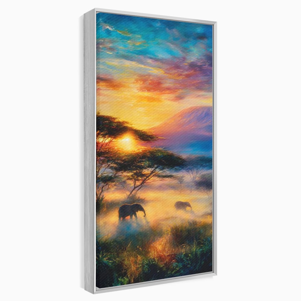 Tablou canvas cu tablou canvas cu elefanti la apus, in rama de aluminiu argintiu