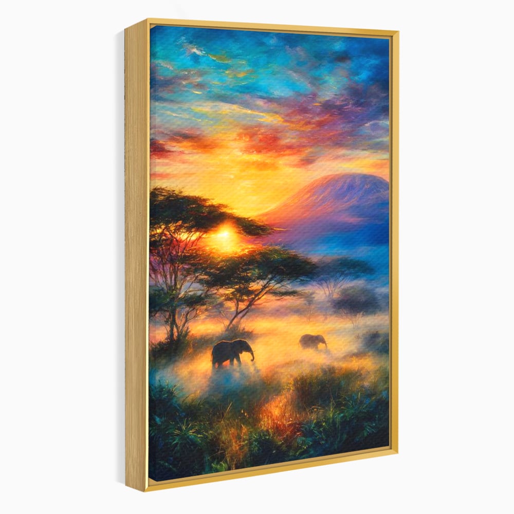Tablou canvas cu tablou canvas cu elefanti la apus, in rama de aluminiu auriu
