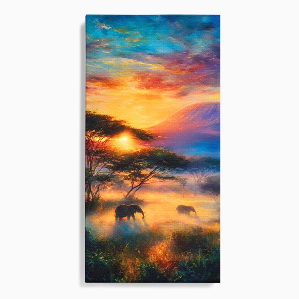 Tablou canvas cu tablou canvas cu elefanti la apus, fara rama, pe sasiu de lemn
