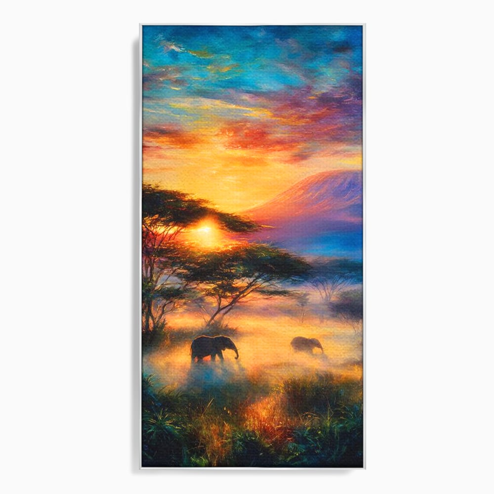 Tablou canvas cu tablou canvas cu elefanti la apus, in rama de aluminiu argintiu