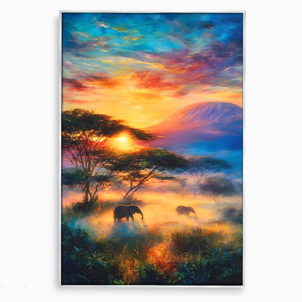 Tablou canvas cu tablou canvas cu elefanti la apus, in rama de aluminiu argintiu