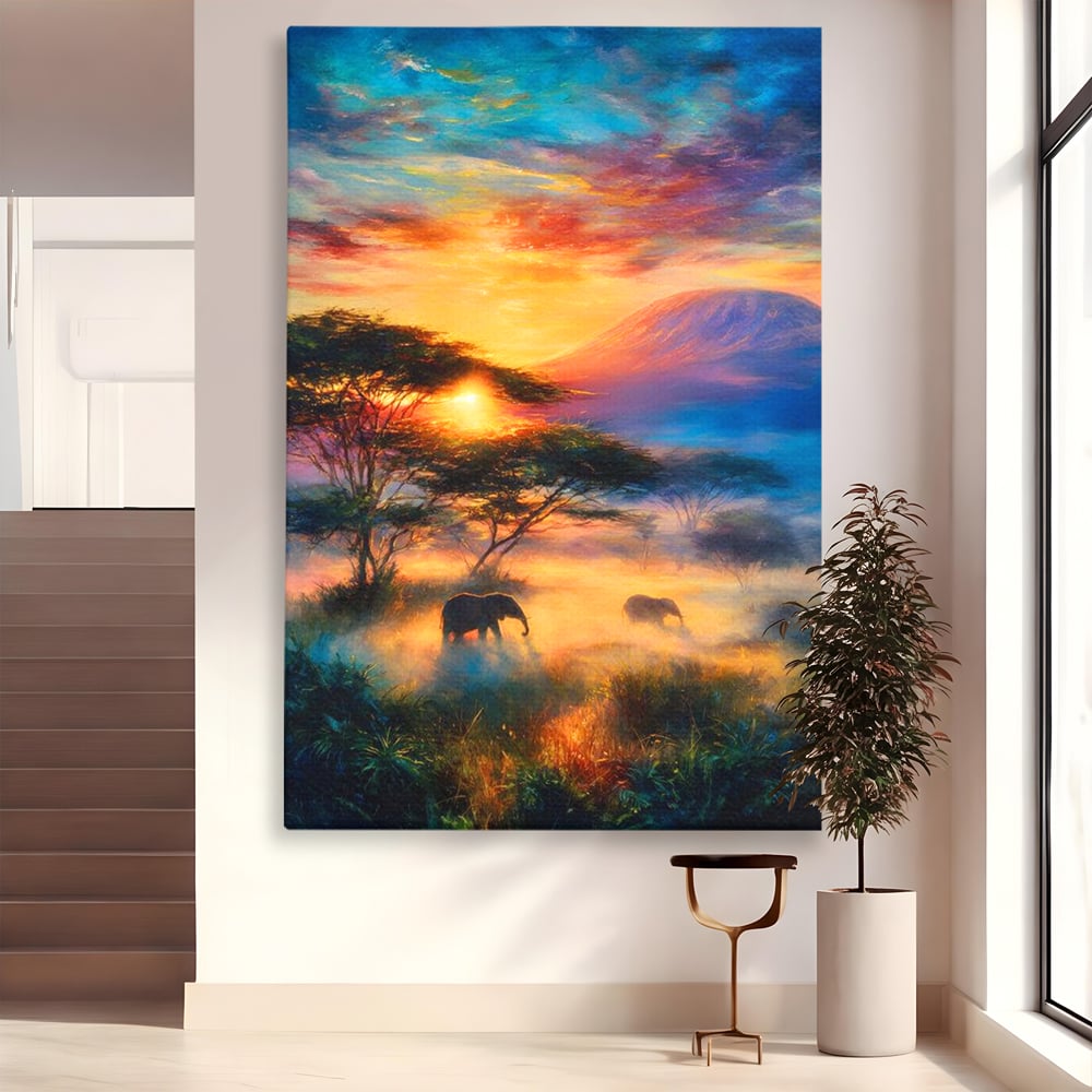 Tablou canvas cu tablou canvas cu elefanti la apus, fara rama, pe sasiu de lemn