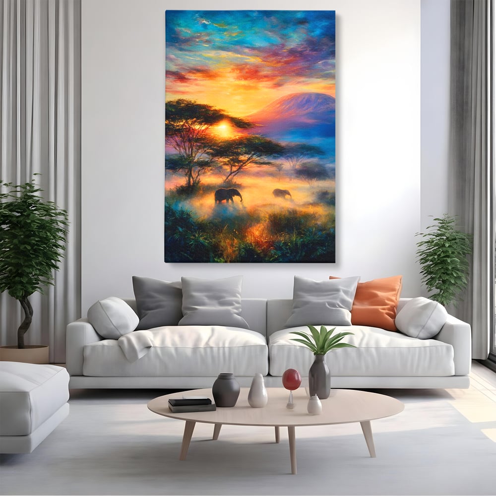 Tablou canvas cu tablou canvas cu elefanti la apus, fara rama, pe sasiu de lemn, pe perete intr-un living