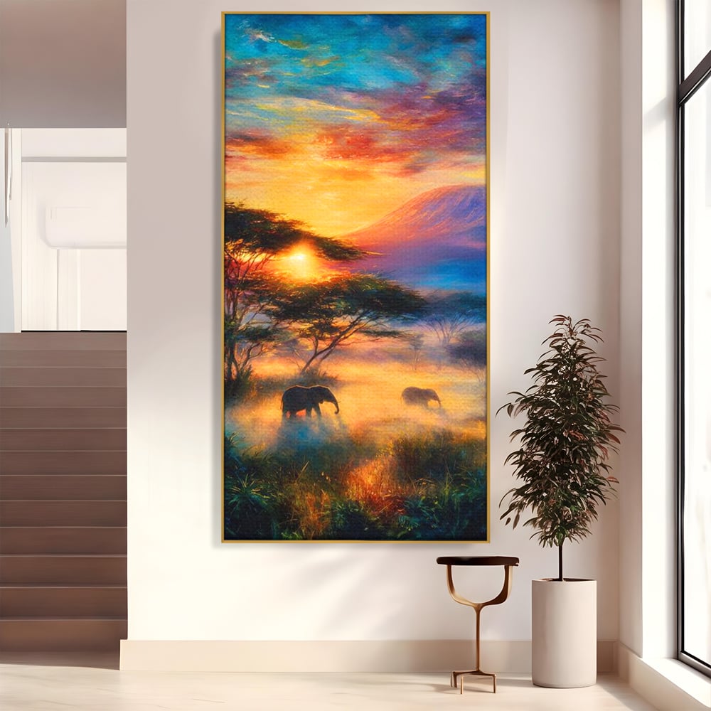 Tablou canvas cu tablou canvas cu elefanti la apus, in rama de aluminiu auriu