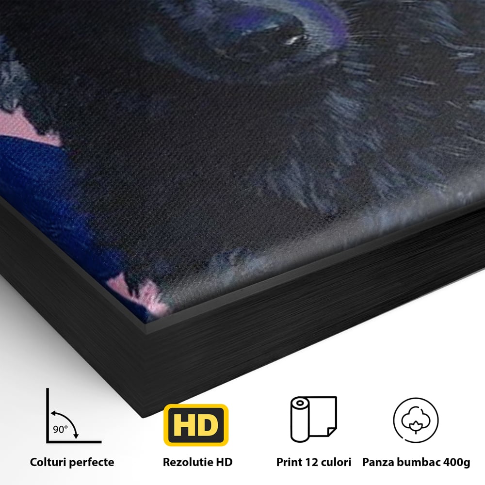 Detaliu al suprafetei: tablou canvas cu lup negru purtand coroana aurie, in rama de aluminiu negru