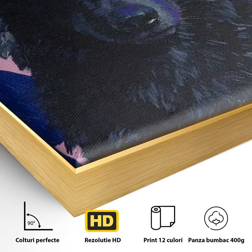 Detaliu al suprafetei: tablou canvas cu lup negru purtand coroana aurie, in rama de aluminiu auriu