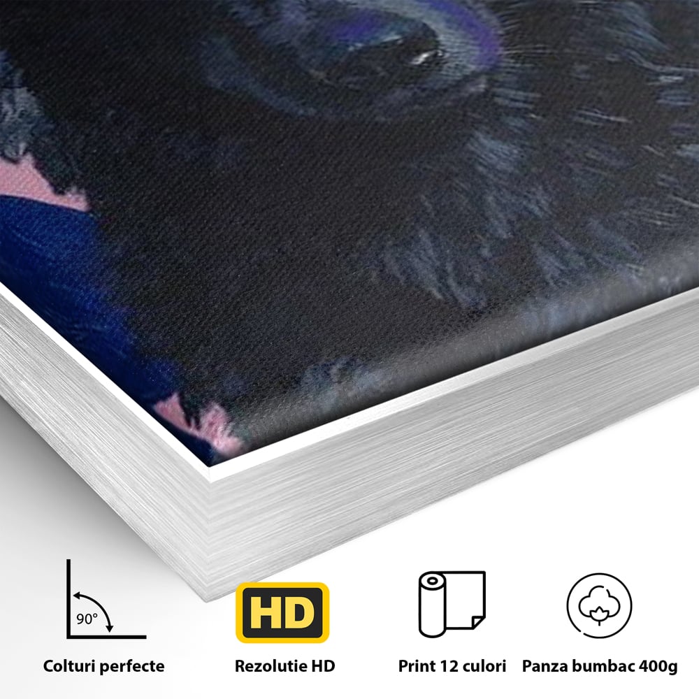 Detaliu al suprafetei: tablou canvas cu lup negru purtand coroana aurie, in rama de aluminiu argintiu