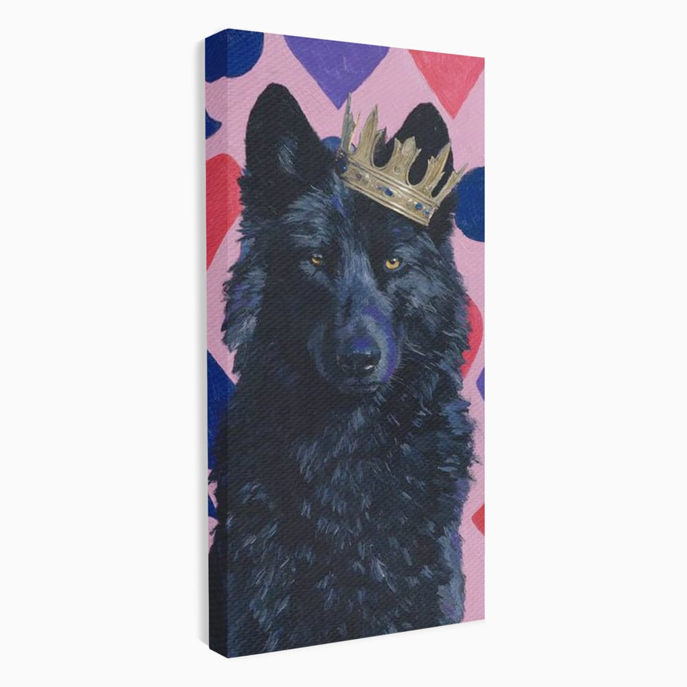 Tablou canvas cu tablou canvas cu lup negru purtand coroana aurie, fara rama, pe sasiu de lemn