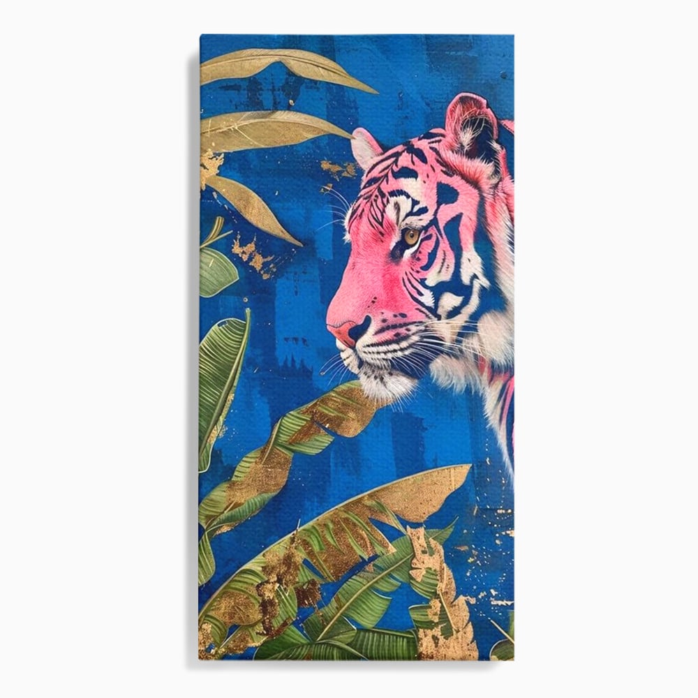 Tablou canvas cu tablou canvas cu portret de tigru roz in jungla, fara rama, pe sasiu de lemn