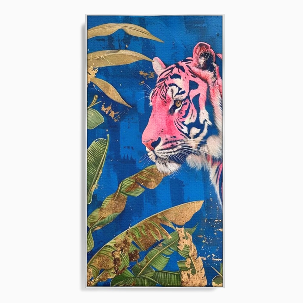 Tablou canvas cu tablou canvas cu portret de tigru roz in jungla, in rama de aluminiu argintiu