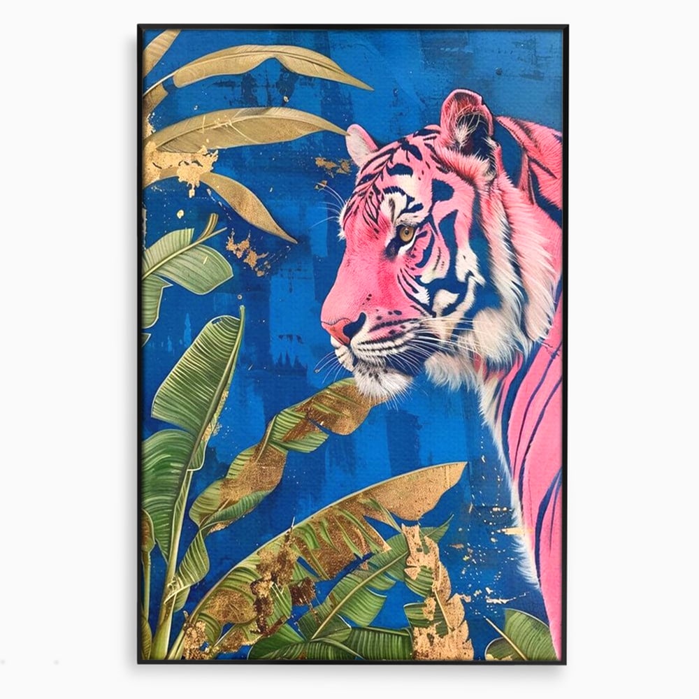 Tablou canvas cu tablou canvas cu portret de tigru roz in jungla, in rama de aluminiu negru