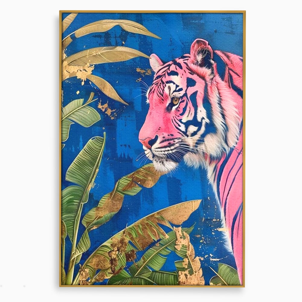 Tablou canvas cu tablou canvas cu portret de tigru roz in jungla, in rama de aluminiu auriu