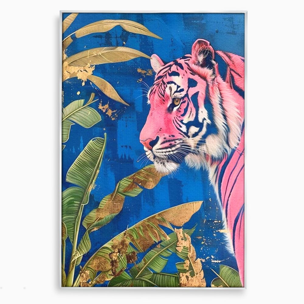 Tablou canvas cu tablou canvas cu portret de tigru roz in jungla, in rama de aluminiu argintiu