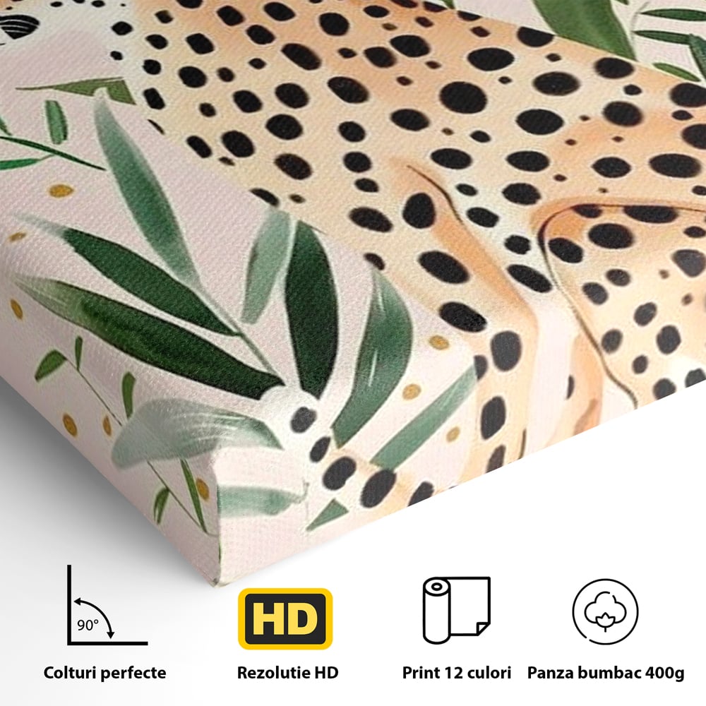 Detaliu al suprafetei: tablou canvas cu leopard si frunze tropicale, fara rama, pe sasiu de lemn