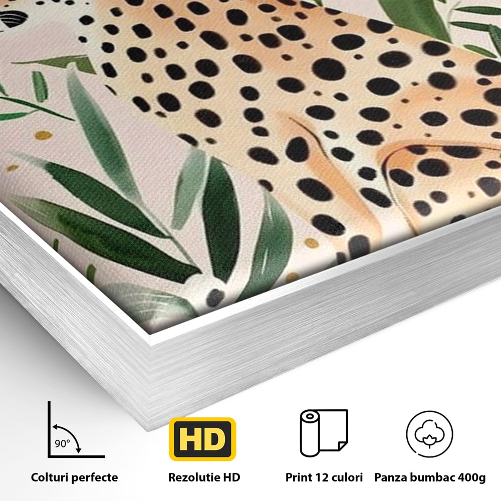 Detaliu al suprafetei: tablou canvas cu leopard si frunze tropicale, in rama de aluminiu argintiu