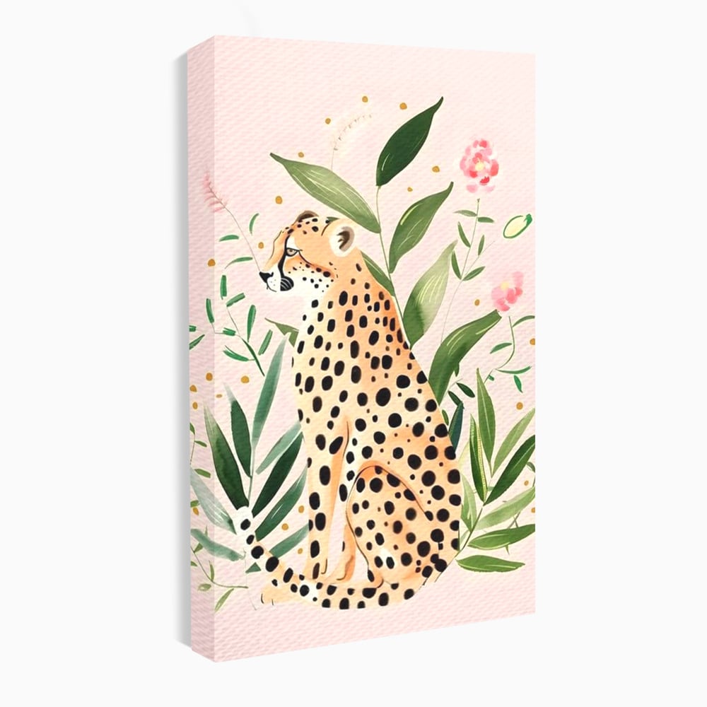 Tablou canvas cu tablou canvas cu leopard si frunze tropicale, fara rama, pe sasiu de lemn