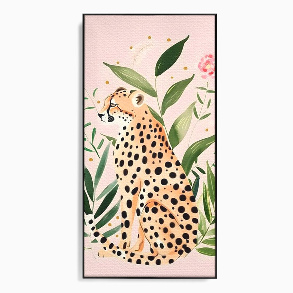 Tablou canvas cu tablou canvas cu leopard si frunze tropicale, in rama de aluminiu negru