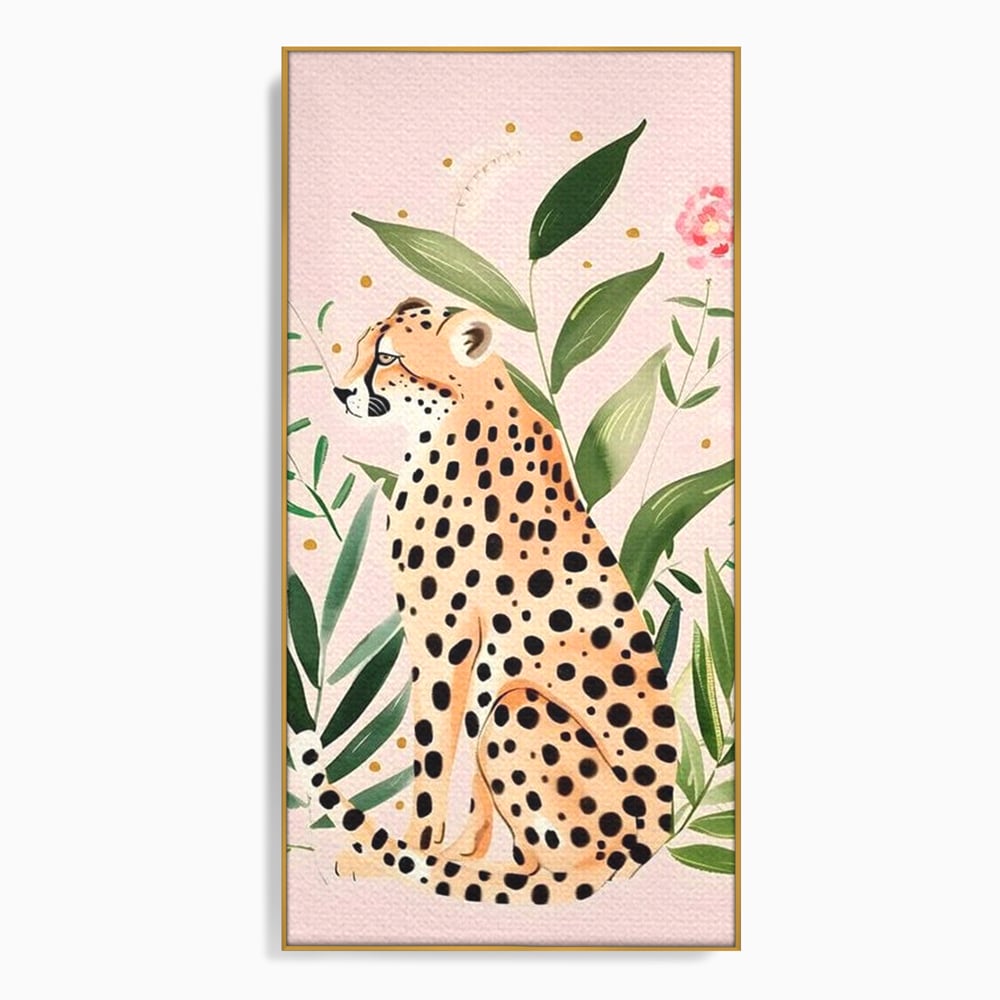 Tablou canvas cu tablou canvas cu leopard si frunze tropicale, in rama de aluminiu auriu