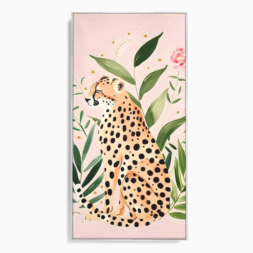 Tablou canvas cu tablou canvas cu leopard si frunze tropicale, in rama de aluminiu argintiu