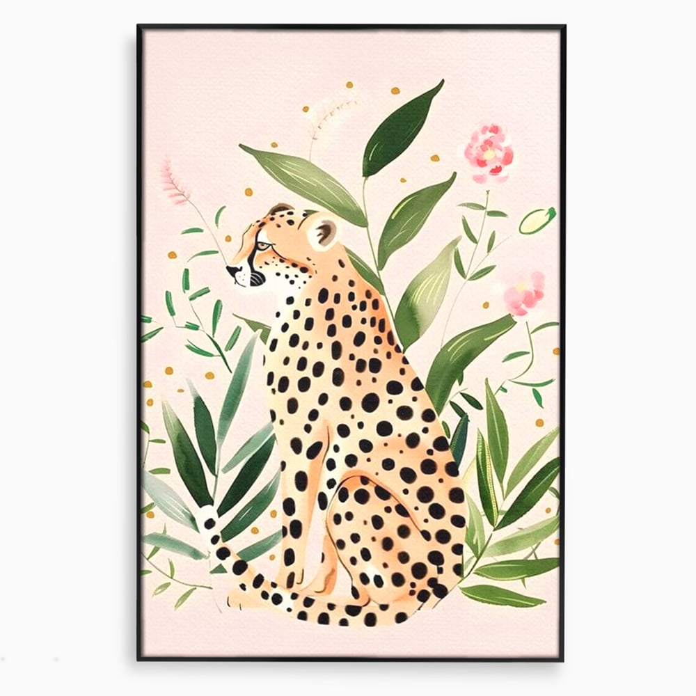 Tablou canvas cu tablou canvas cu leopard si frunze tropicale, in rama de aluminiu negru