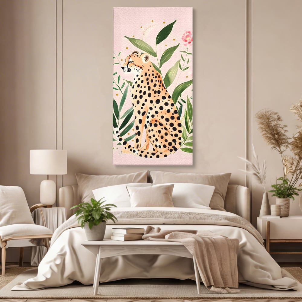 Tablou canvas cu tablou canvas cu leopard si frunze tropicale, fara rama, pe sasiu de lemn, pe perete intr-un dormitor