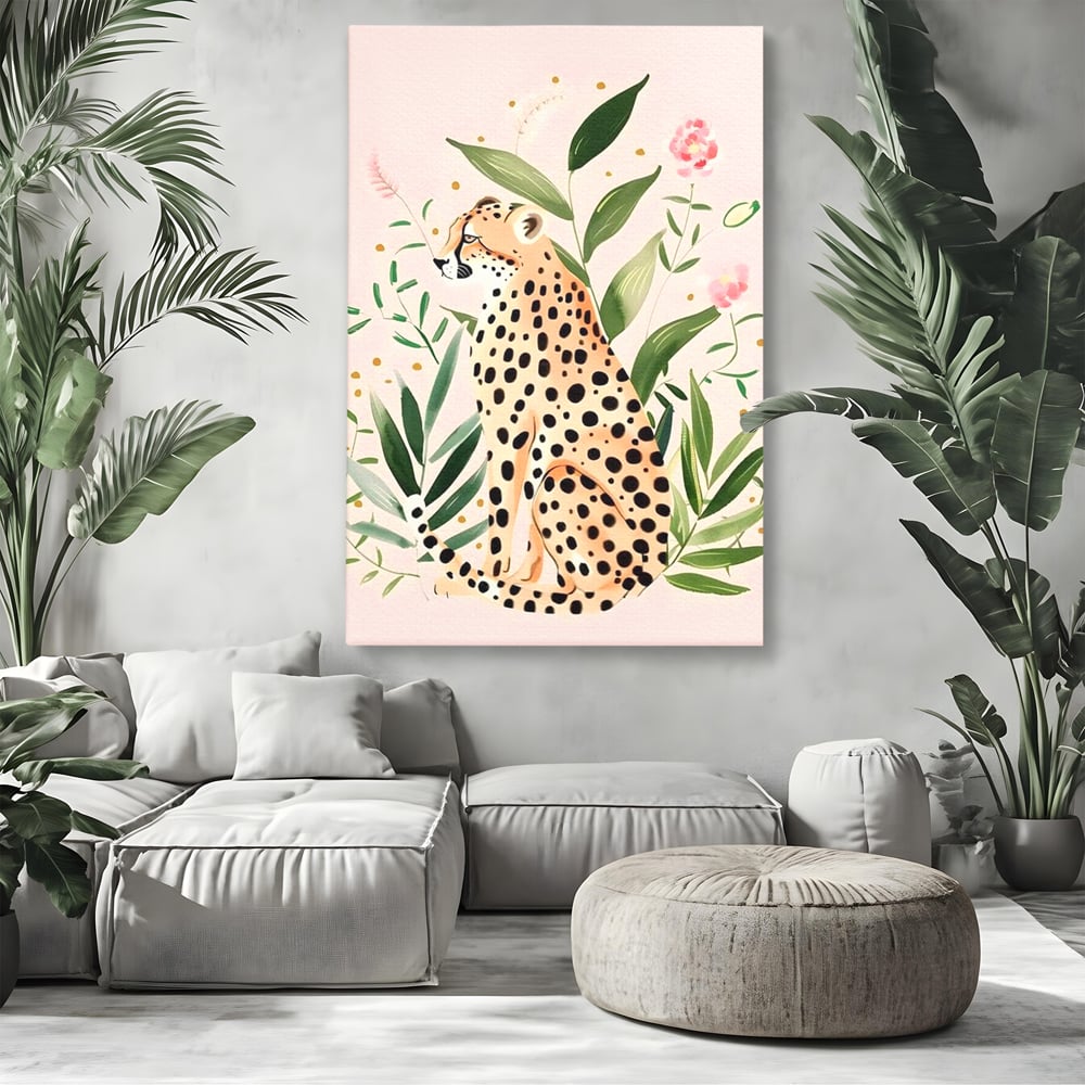Tablou canvas cu tablou canvas cu leopard si frunze tropicale, fara rama, pe sasiu de lemn, pe perete intr-un living