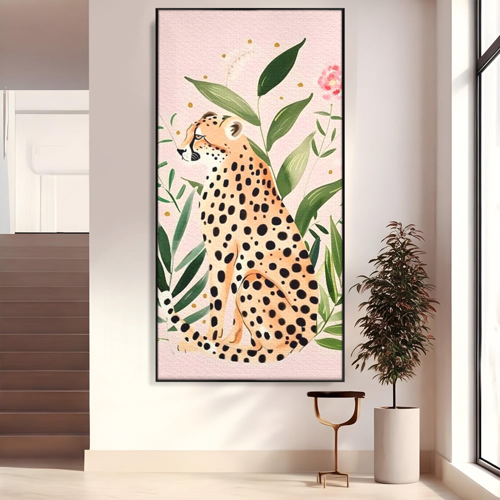 Tablou canvas cu tablou canvas cu leopard si frunze tropicale, in rama de aluminiu negru